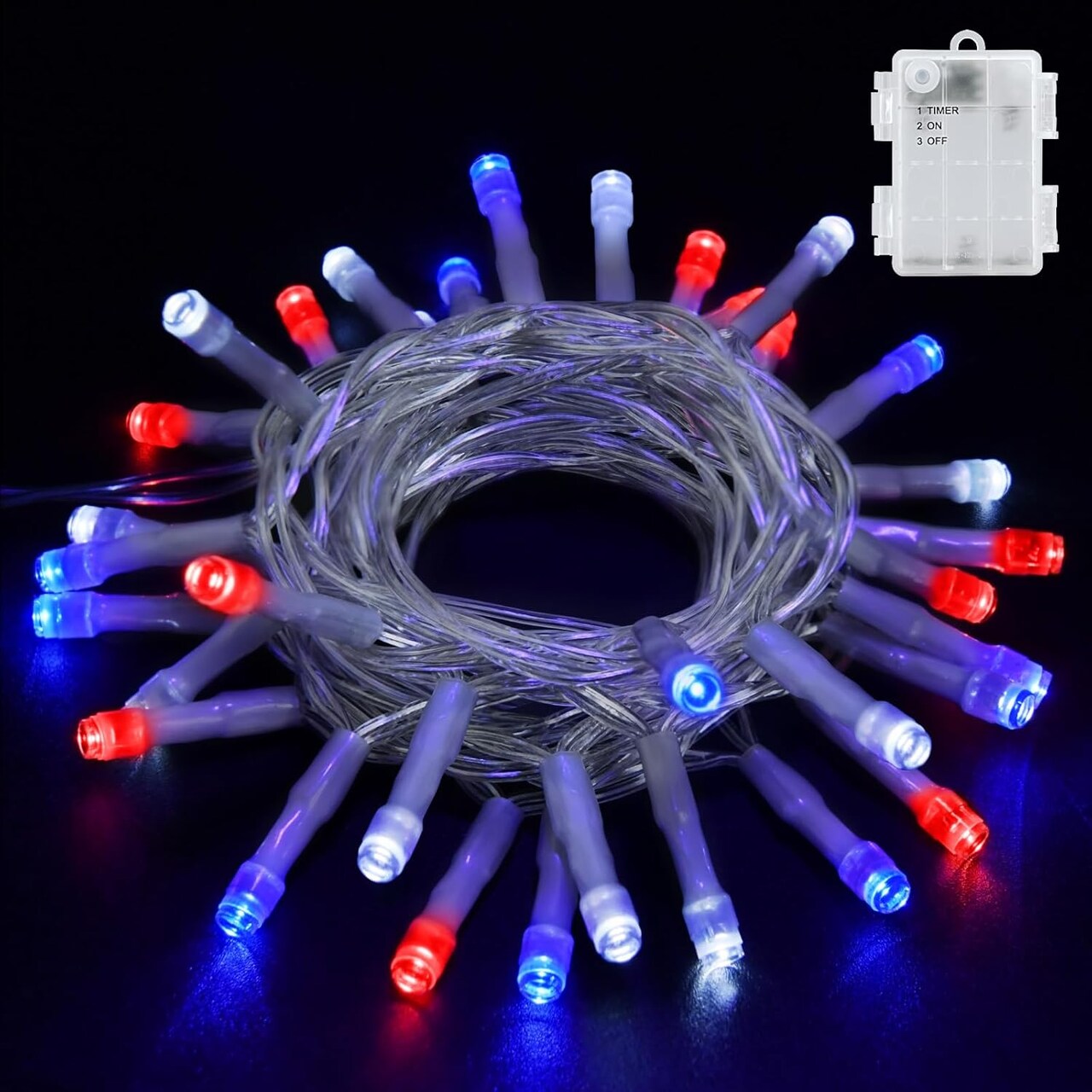 Red White and Blue Lights Battery Operated, 4th of July Lights with Timer Outdoor Waterproof 9.8ft 30 LED